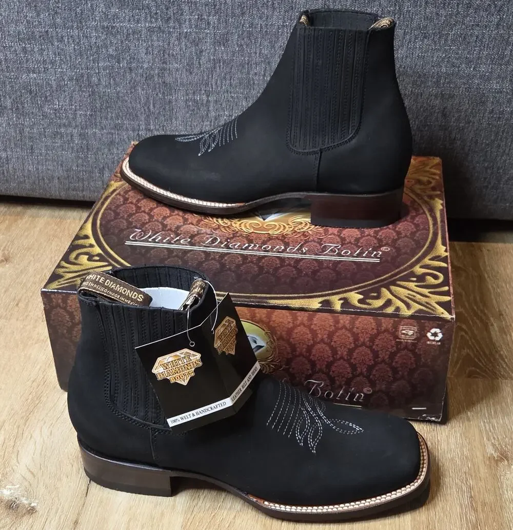 White Diamonds Botin Men's Black Nubuck Chelsea Ankle Boots Round Toe US 7.5